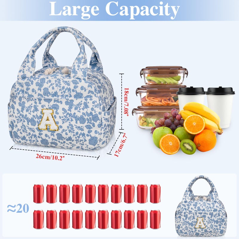 Gosect Large Lunch Bag for Women Men Cute Corduroy Lunch Tote Bags Reusable Lunch Box Adult Leakproof Portable Cooler Bag for Work Picnic or Travel Use (BlueWhite A) - Image 2