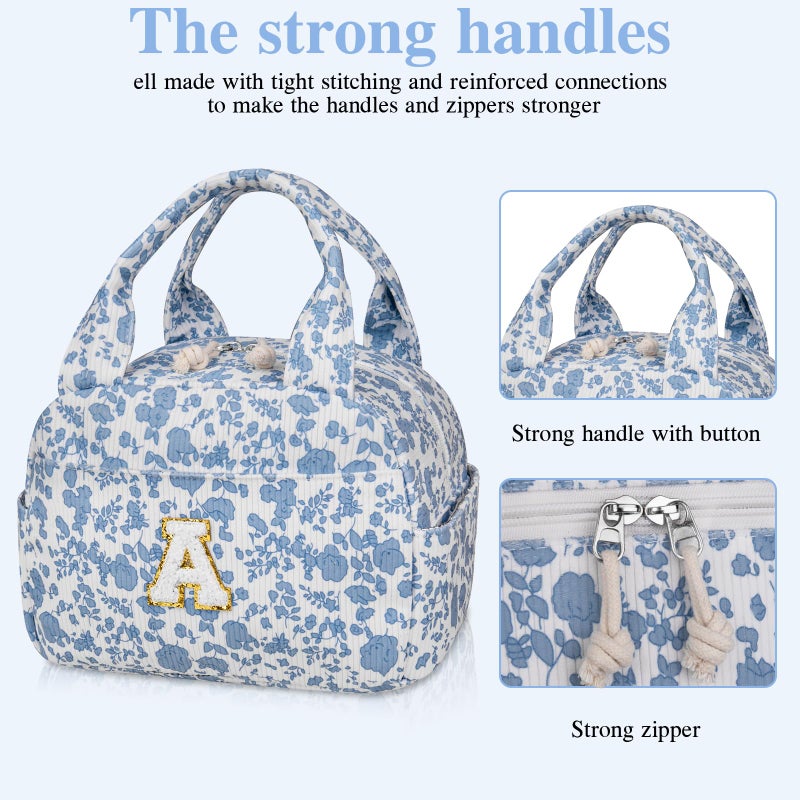 Gosect Large Lunch Bag for Women Men Cute Corduroy Lunch Tote Bags Reusable Lunch Box Adult Leakproof Portable Cooler Bag for Work Picnic or Travel Use (BlueWhite A) - Image 4