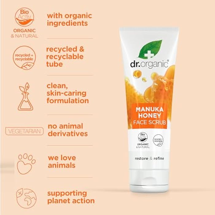 dr.organic Dr. Organic Manuka Honey Face Scrub | Deep Cleansing and Exfoliating for Dry Skin, Removes Impurities and Excess Oil, Moisturizing, Certified Organic, Paraben & SLS-Free, Natural, 125 mL / 5 fl oz - Image 3
