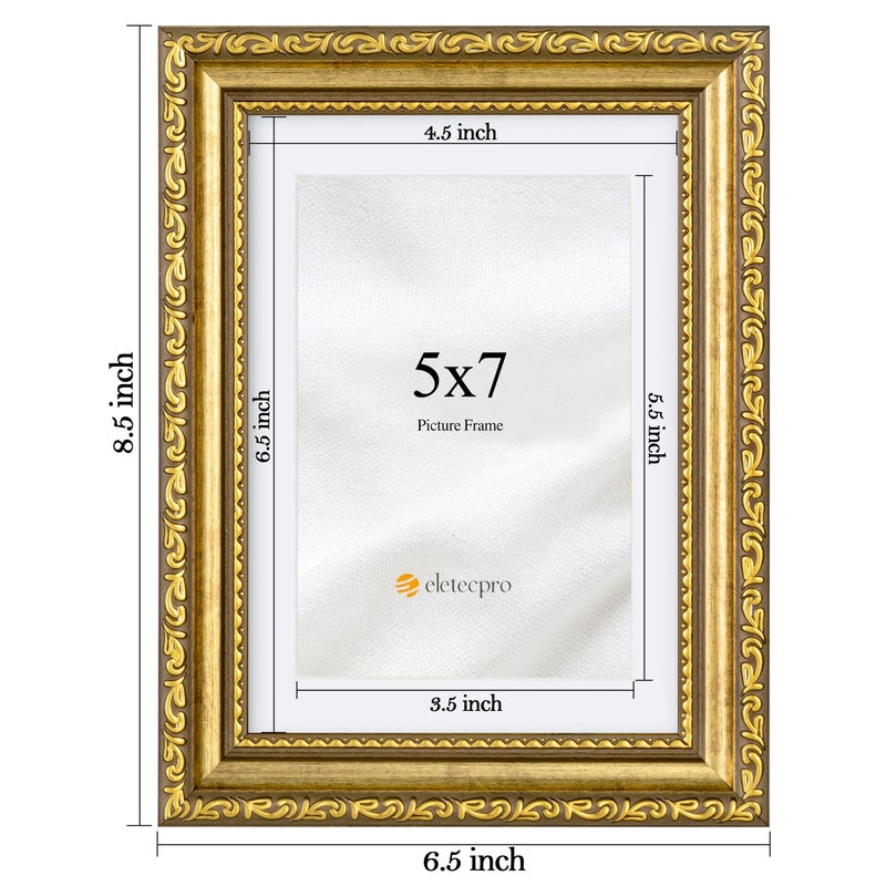 eletecpro 5x7 Picture Frames Set of 4, Gold Photo Frames with Glass Cover, Vintage Picture Frame 5 x 7 Displays 4x6 Photo with Mat or 5x7 without Mat for Tabletop or Wall Decor, Gold - Image 3