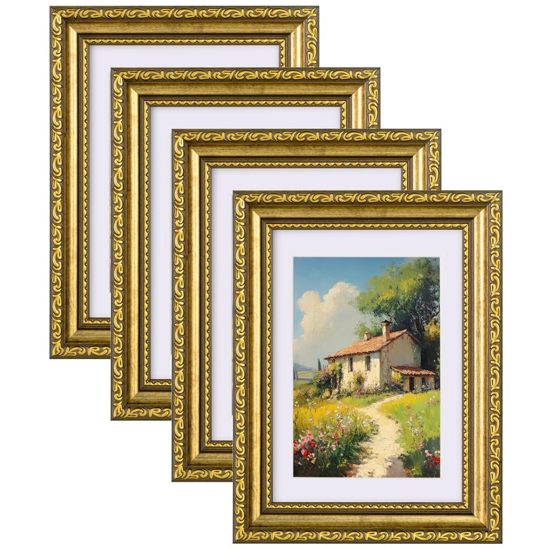 eletecpro 5x7 Picture Frames Set of 4, Gold Photo Frames with Glass Cover, Vintage Picture Frame 5 x 7 Displays 4x6 Photo with Mat or 5x7 without Mat for Tabletop or Wall Decor, Gold - Image 1
