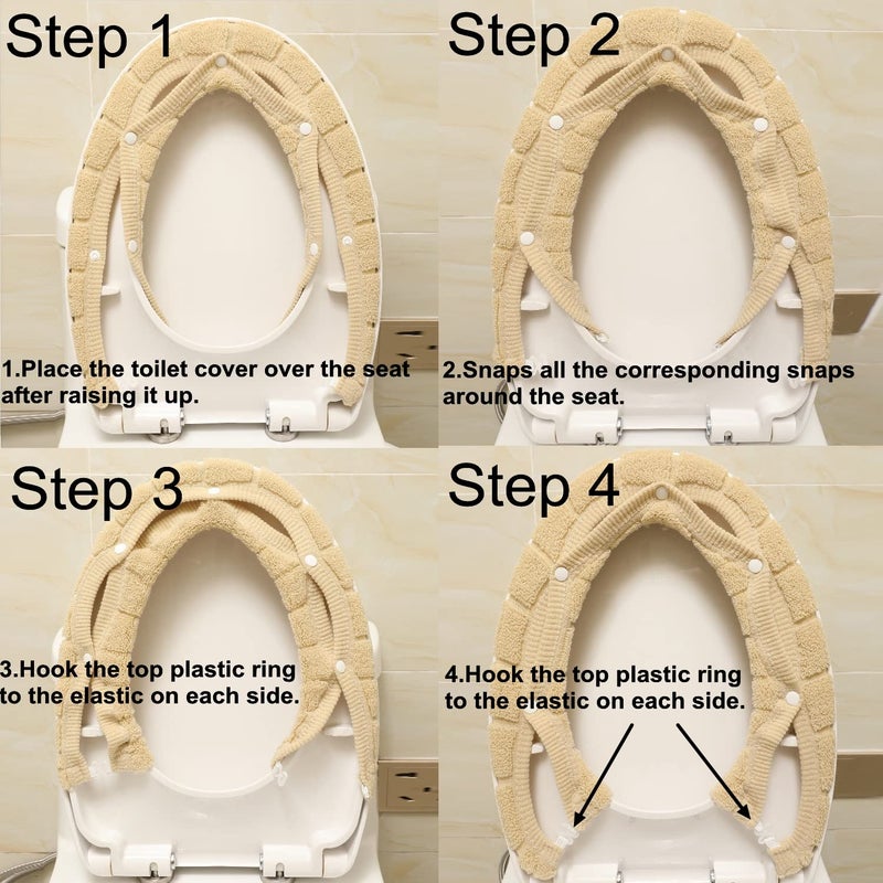 SENOMOR Toilet Seat Cover,Bathroom Soft Thicker Warmer with Snaps Fixed Stretchable Washable Fiber Cloth Toilet Seat Covers Pads Easy Installation& Cleaning (beige) - Image 4