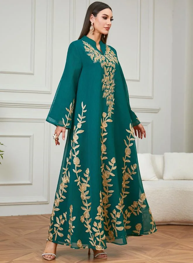 Take Two Green Embroidered Notch Neck Jalabiya