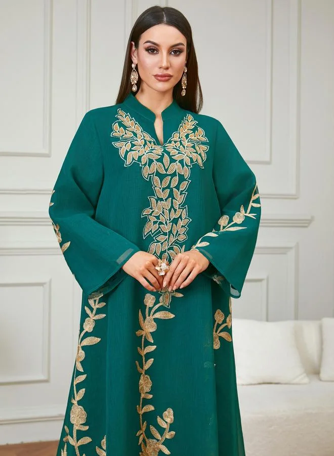 Take Two Green Embroidered Notch Neck Jalabiya