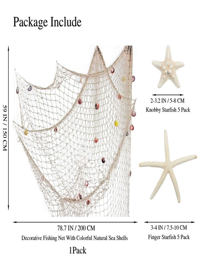 Fangoo 79 x 59 inch Nature Fish Net Wall Decoration with Colorful Sea Shells and 10 Pcs Natural Starfish Ocean Themed Mediterranean Style Fishing Net for Beach Party,Wedding,photography Wall Decoration - Image 2