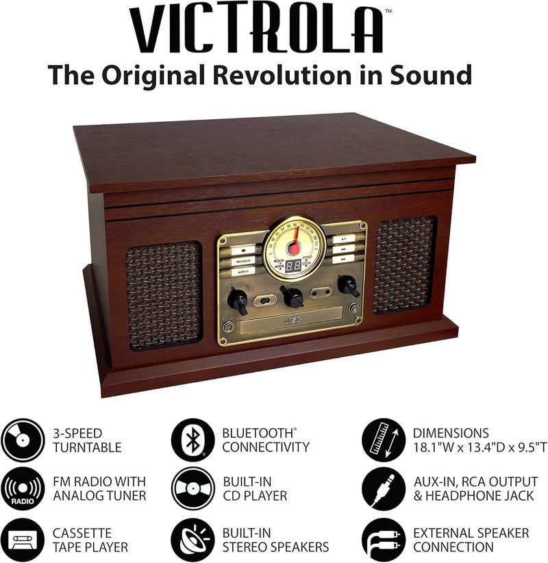 Victrola Hawthorne â€“ 3-Speed (33 1/3, 45, 78 RPM) Bluetooth Record Player with CD, Cassette, FM Radio, & Built-in Stereo Speakers, RCA Out & Aux in, Wireless Music Streaming (Espresso) - Image 3
