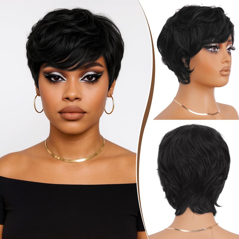 RUWISS Pixie Cut Wig Human Hair â€“ Short Wigs for Black Women with Bangs, Natural Layered Wavy Wig, Glueless, 1B# - Image 1