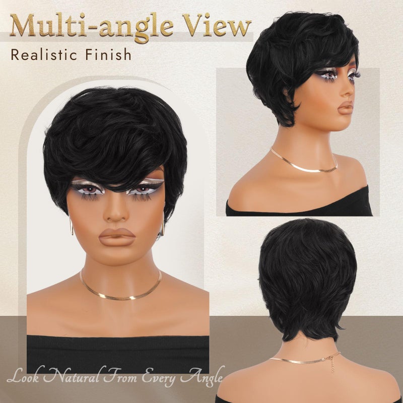 RUWISS Pixie Cut Wig Human Hair â€“ Short Wigs for Black Women with Bangs, Natural Layered Wavy Wig, Glueless, 1B# - Image 2