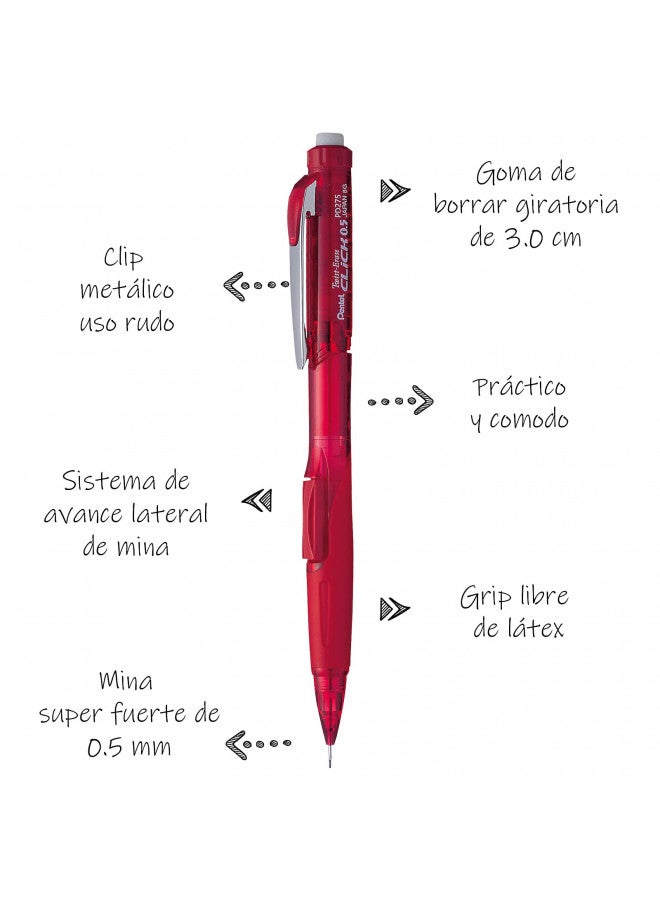 Pentel Twist-Erase CLICK Mechanical Pencil (0.5mm) Transparent Red Barrel, Box of 12 (PD275TB) - Image 2
