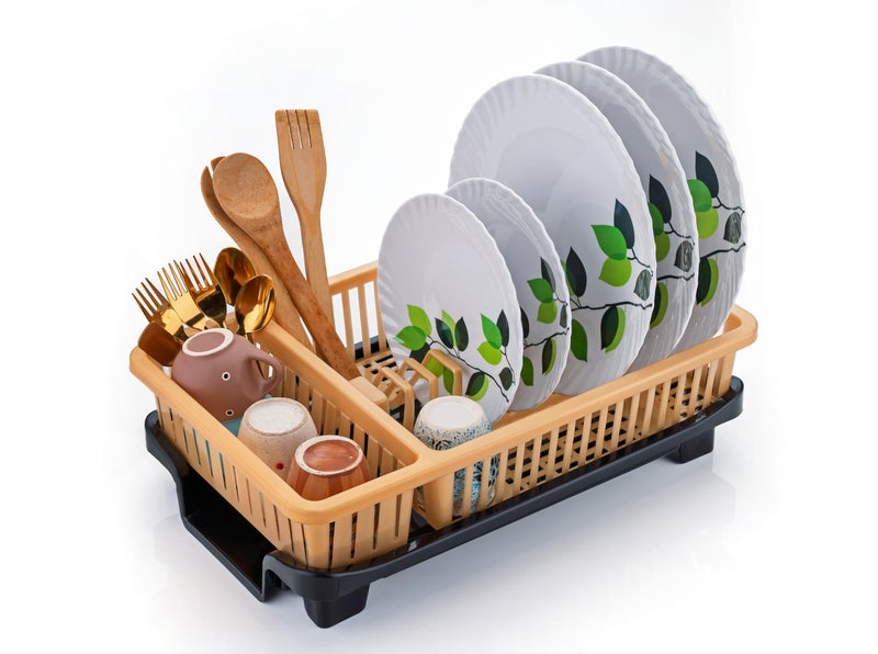 MEDALLIX Plastic Dish Drying Rack with Utensil Basket – 3 in 1 Kitchen Organizer, Removable Drainer Tray for Plates, Cups, Spoons, Forks & Knives – Unbreakable, Space-Saving, Easy to Clean (Golden) - Image 3