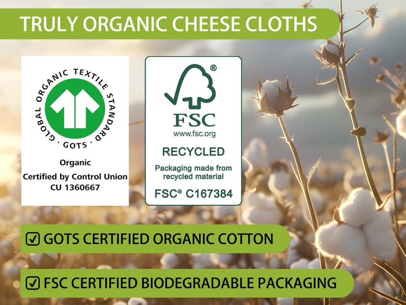 Olicity Organic Cheese Cloths, GOTS Certified, 6PCS, Grade 100, 20x20Inch Hemmed Cheese Cloth Fabric Reusable Fine Mesh Cloth, 100% Cotton Unbleached Muslin Cheesecloth for Straining, Cooking, Yogurt, Juicing - Image 2