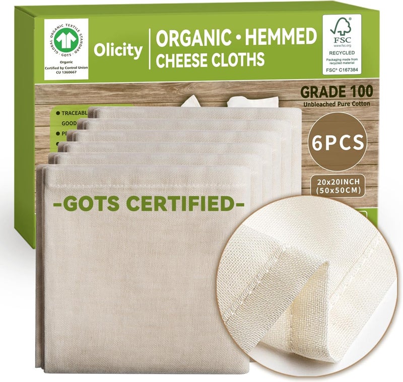 Olicity Organic Cheese Cloths, GOTS Certified, 6PCS, Grade 100, 20x20Inch Hemmed Cheese Cloth Fabric Reusable Fine Mesh Cloth, 100% Cotton Unbleached Muslin Cheesecloth for Straining, Cooking, Yogurt, Juicing - Image 1