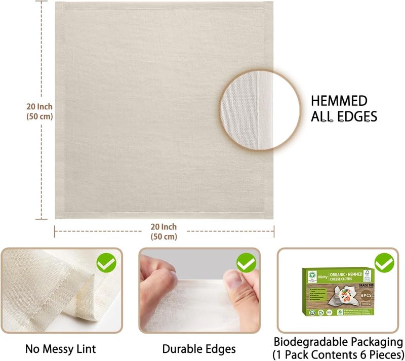 Olicity Organic Cheese Cloths, GOTS Certified, 6PCS, Grade 100, 20x20Inch Hemmed Cheese Cloth Fabric Reusable Fine Mesh Cloth, 100% Cotton Unbleached Muslin Cheesecloth for Straining, Cooking, Yogurt, Juicing - Image 4