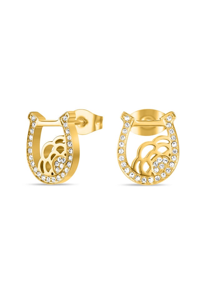 CERRUTI 1881 Camilla Gold-Plated Earrings, Horseshoe Stud with Crystal Accents and Filigree Detailing  - Image 1