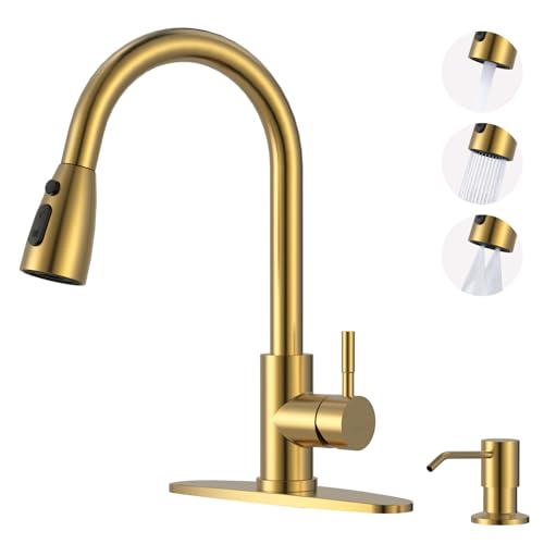 WOWOW Brushed Gold Kitchen Faucet with Soap Dispenser, WOWOW Stainless Steel Kitchen Faucet for Sink, Single Handle Luxurious Gold Kitchen Sink Faucet with Sprayer - Image 1