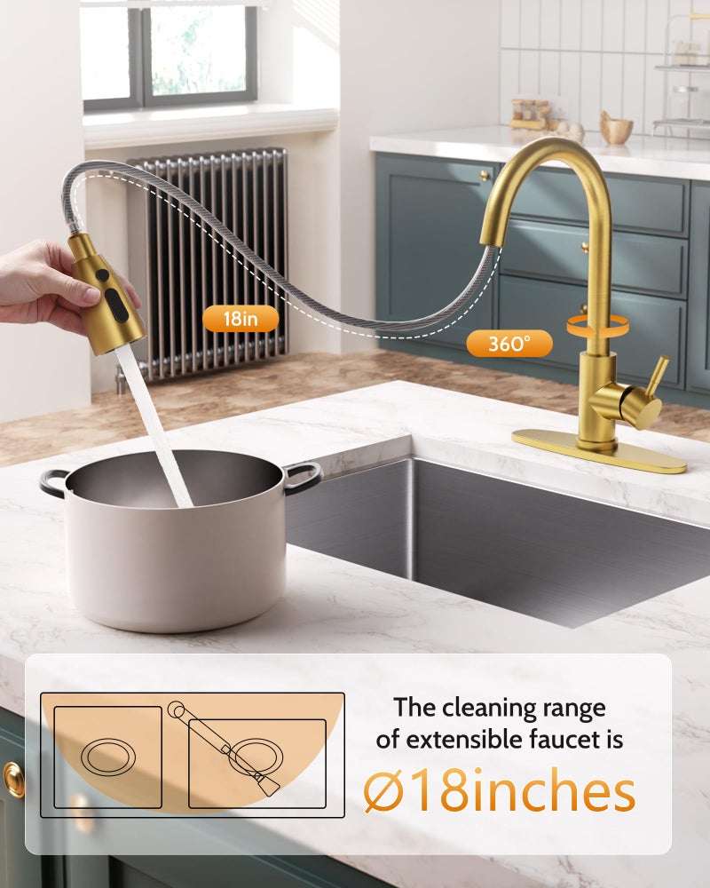 WOWOW Brushed Gold Kitchen Faucet with Soap Dispenser, WOWOW Stainless Steel Kitchen Faucet for Sink, Single Handle Luxurious Gold Kitchen Sink Faucet with Sprayer - Image 2