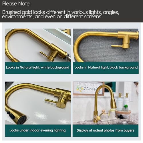 WOWOW Brushed Gold Kitchen Faucet with Soap Dispenser, WOWOW Stainless Steel Kitchen Faucet for Sink, Single Handle Luxurious Gold Kitchen Sink Faucet with Sprayer - Image 5