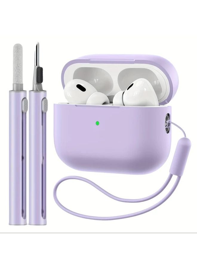غلاف سيليكون أرجواني فاتح لـ Airpods Pro 2 (2022-2023) مع قلم تنظيف للحماية من الصدمات - Image 1