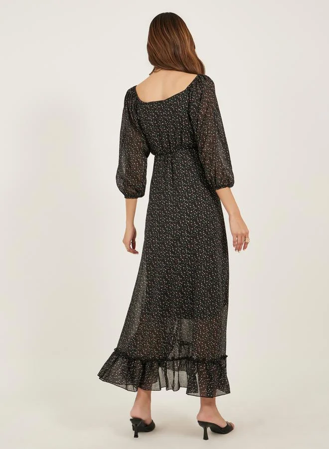Styli Styli Floral Print Sweetheart Neck Balloon Sleeves Tiered Maxi Dress