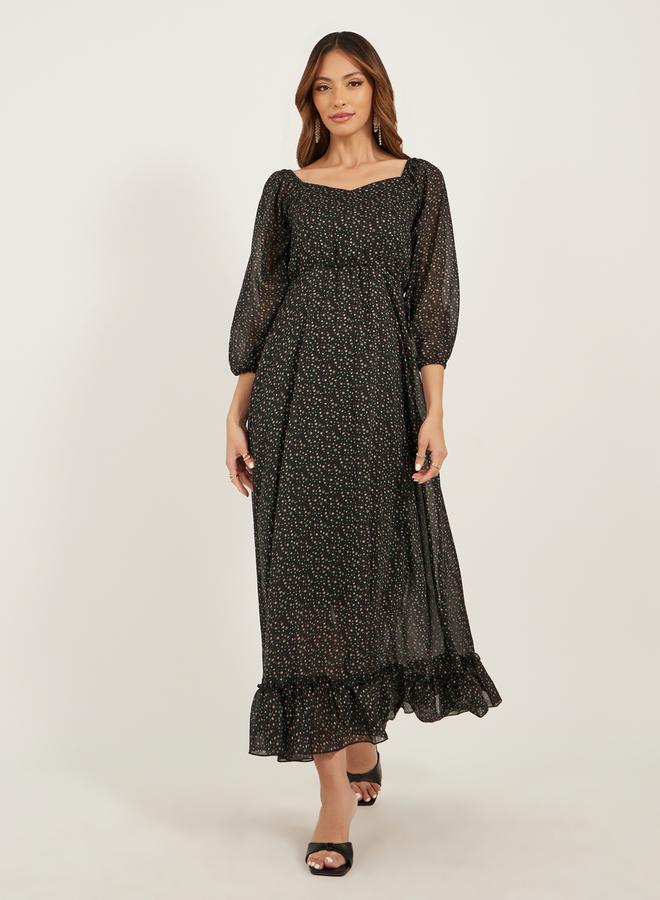 ستايلي فستان ماكسي بطبعات زهور وأكمام بالون بياقة قلب - Image 2