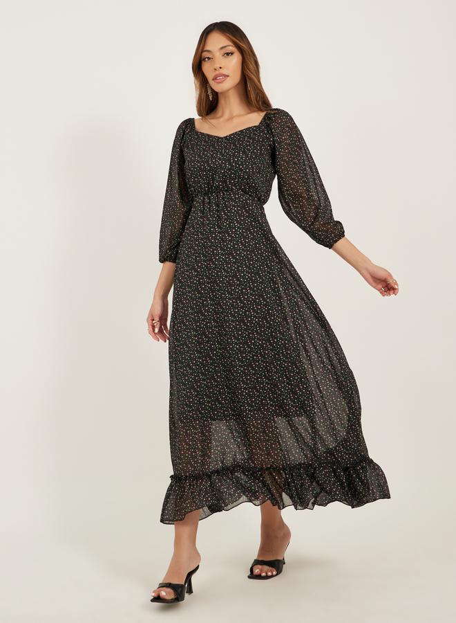 ستايلي فستان ماكسي بطبعات زهور وأكمام بالون بياقة قلب - Image 1