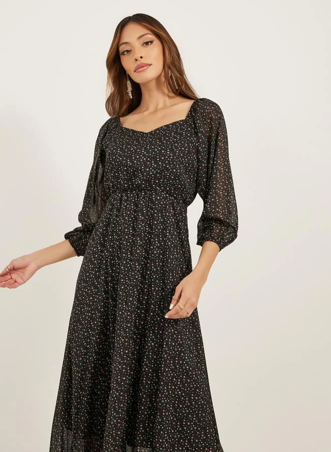 Styli Styli Floral Print Sweetheart Neck Balloon Sleeves Tiered Maxi Dress