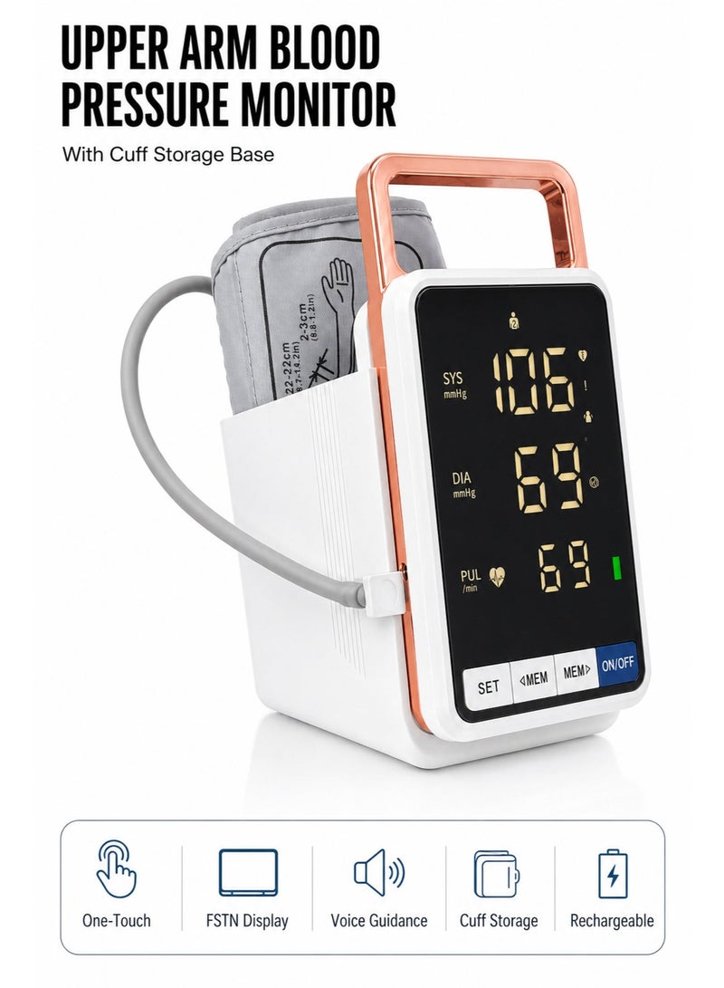 HUMJO Upper Arm Blood Pressure Monitor with Cuff Storage Base, Large FSTN 360° Display BP Machine with Voice Prompt, Rechargeable，Highly Accurate Blood Pressure Measurement for Adults and Elderly for Home Use and Travel - Image 1