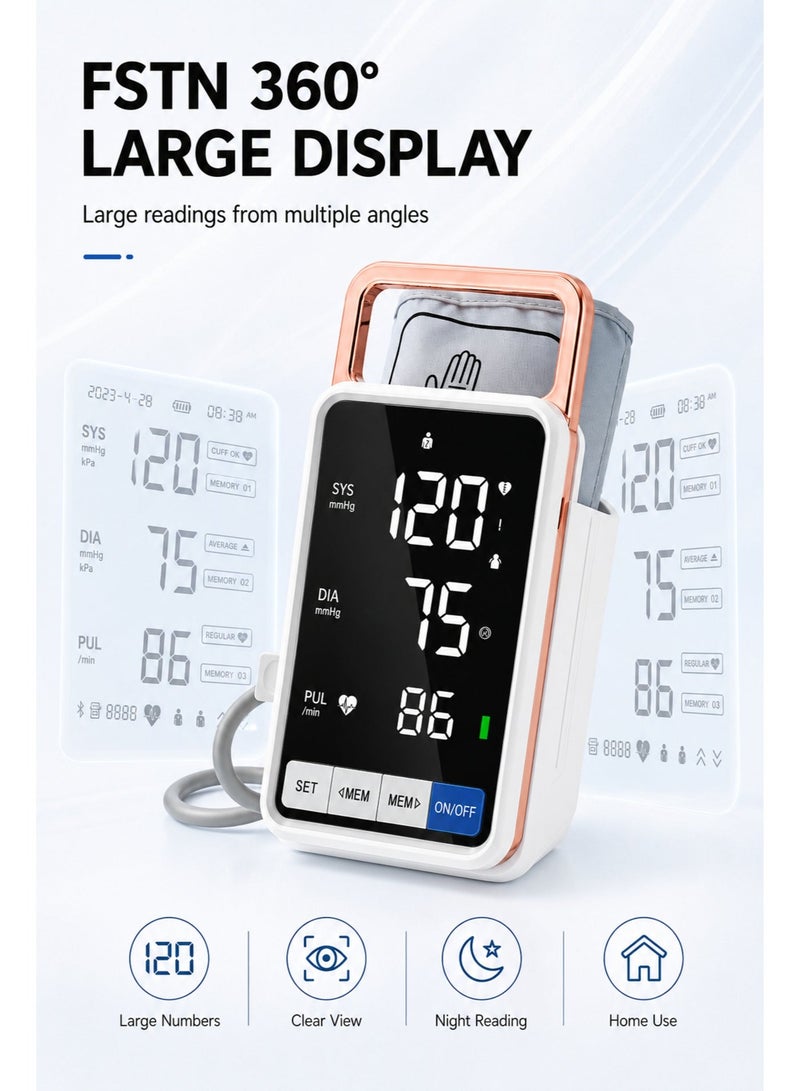 HUMJO Upper Arm Blood Pressure Monitor with Cuff Storage Base, Large FSTN 360° Display BP Machine with Voice Prompt, Rechargeable，Highly Accurate Blood Pressure Measurement for Adults and Elderly for Home Use and Travel - Image 3