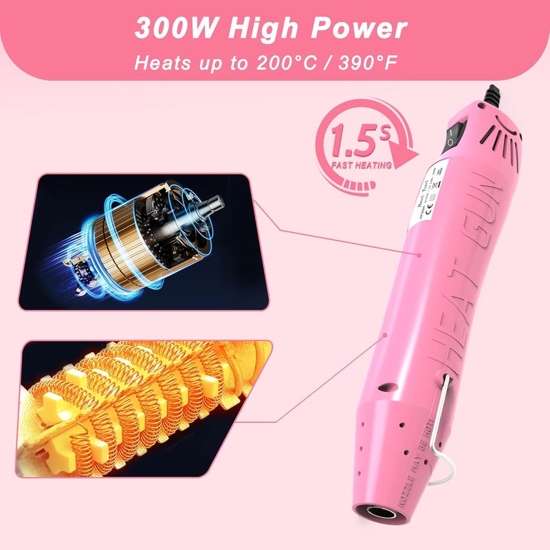 QST EXPRESS Heat Gun, Mini Heat Gun for Shrink Tubing, Portable Heat Gun for DIY Crafts, 300W Heat Air Gun with Reflector Nozzle, Shrink Wrap Gun Tool for Shrink Packaging PVC, Drying Paint, Clay - Pink - Image 3