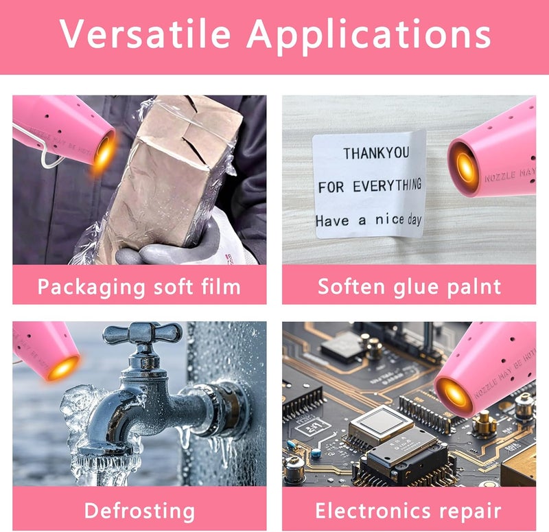 QST EXPRESS Heat Gun, Mini Heat Gun for Shrink Tubing, Portable Heat Gun for DIY Crafts, 300W Heat Air Gun with Reflector Nozzle, Shrink Wrap Gun Tool for Shrink Packaging PVC, Drying Paint, Clay - Pink - Image 4