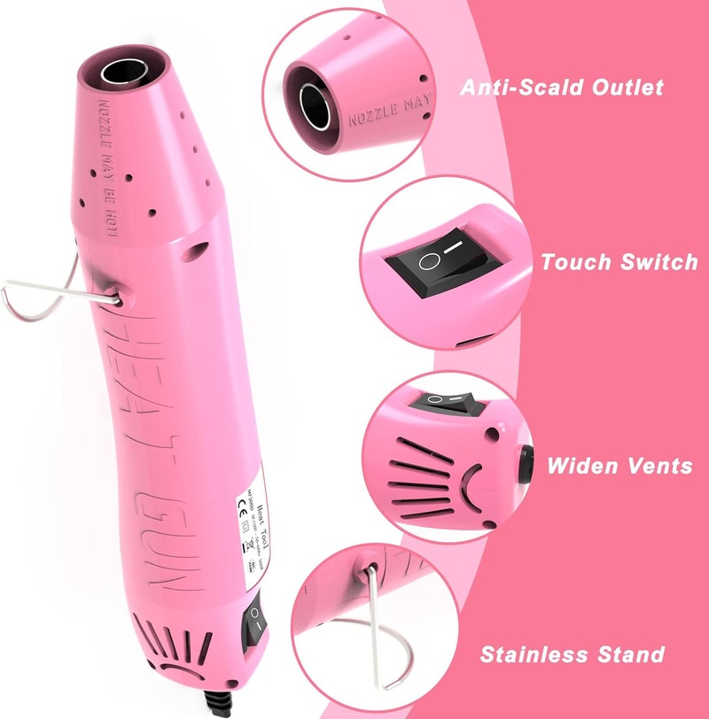 QST EXPRESS Heat Gun, Mini Heat Gun for Shrink Tubing, Portable Heat Gun for DIY Crafts, 300W Heat Air Gun with Reflector Nozzle, Shrink Wrap Gun Tool for Shrink Packaging PVC, Drying Paint, Clay - Pink - Image 2
