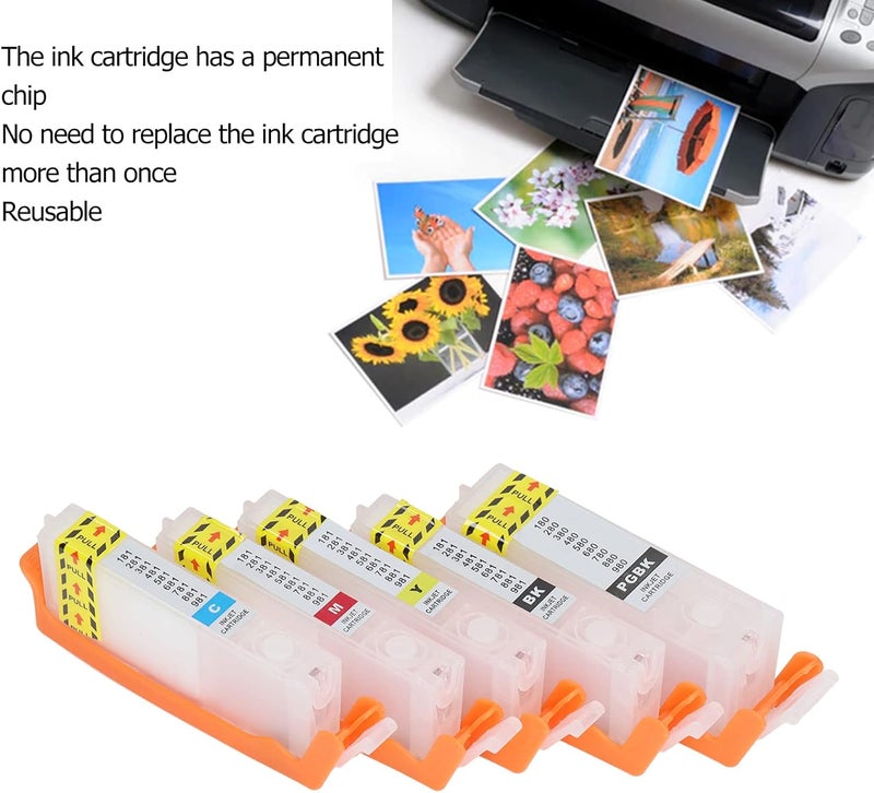 5 Piece Refillable Ink Cartridge Set Compatible with 580 581 Printers - PGBK BK C M Y Ink Cartridges with Permanent Chips and PP Construction for Document and Photo Printing (580-581) - Image 2
