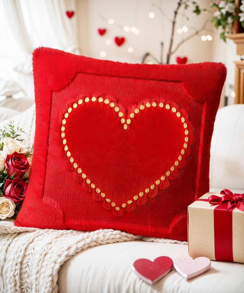 SEGXCFL Romantic Gifts for Woman Valentine Day Throw Pillow Covers 18x18in Set of 2,Soft Plush Faux Fur Pillow Cover Red Heart 3D Embroidered Decorative Couch Sofa Home Indoor Outdoor (Red Heart, 18x18) - Image 3