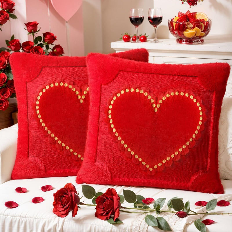 SEGXCFL Romantic Gifts for Woman Valentine Day Throw Pillow Covers 18x18in Set of 2,Soft Plush Faux Fur Pillow Cover Red Heart 3D Embroidered Decorative Couch Sofa Home Indoor Outdoor (Red Heart, 18x18) - Image 1