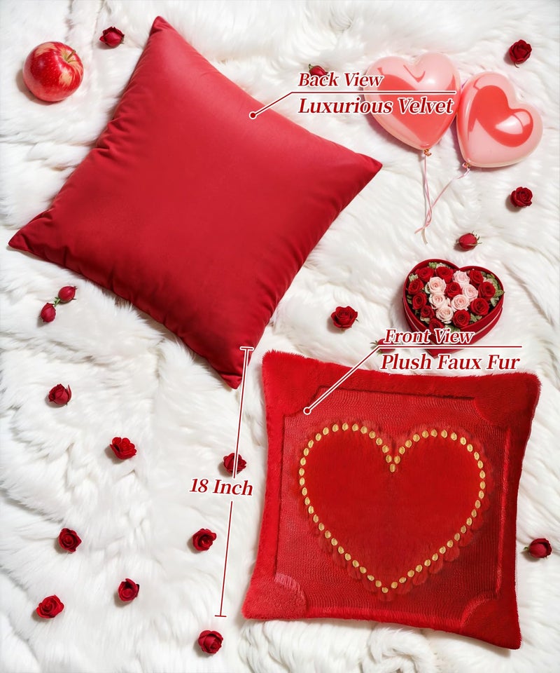 SEGXCFL Romantic Gifts for Woman Valentine Day Throw Pillow Covers 18x18in Set of 2,Soft Plush Faux Fur Pillow Cover Red Heart 3D Embroidered Decorative Couch Sofa Home Indoor Outdoor (Red Heart, 18x18) - Image 4