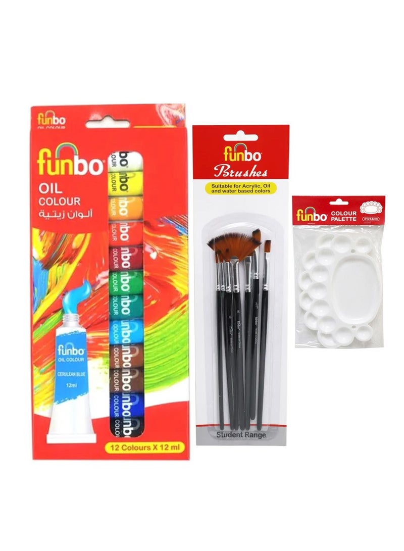 Funbo 12-Piece Oil Colour Tube With 7 Piece Multi-Purpose Brush Set And Painting Palette - Image 1