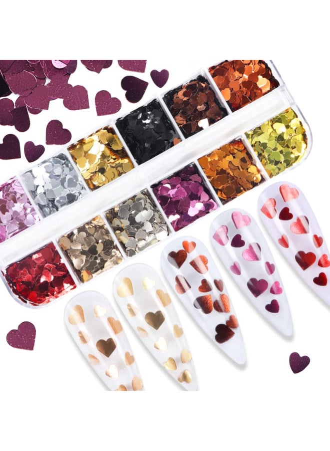 OSTTMA 12 Grids Heart Nail Stickers Hearts Nail Decals for Women Retro Love Heart Nail Glitters 3D Nail Art Supplies Holographic Shiny Gold Nail Sequins for Valentines Day Manicure Decorations - Image 3
