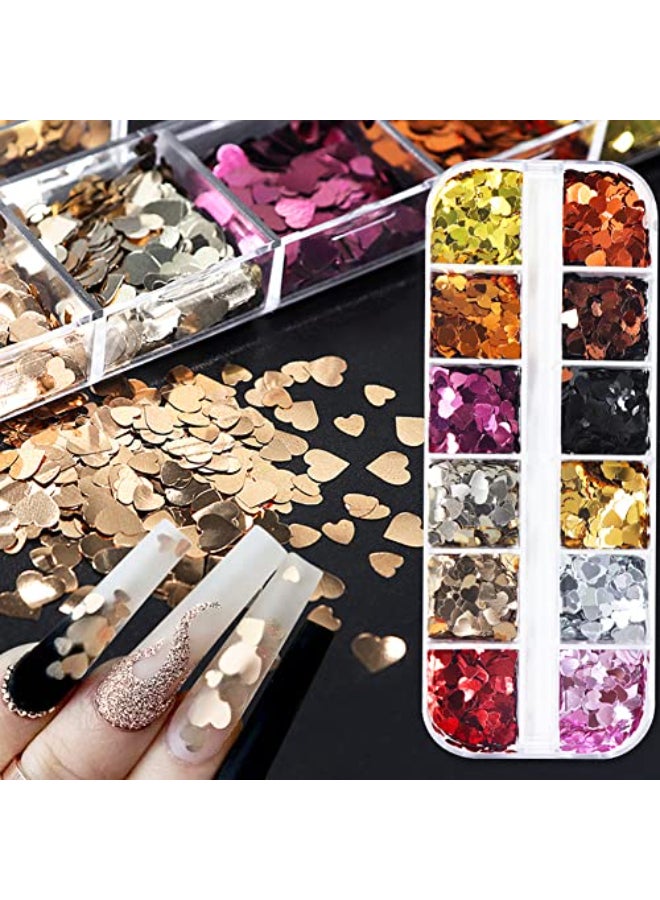 OSTTMA 12 Grids Heart Nail Stickers Hearts Nail Decals for Women Retro Love Heart Nail Glitters 3D Nail Art Supplies Holographic Shiny Gold Nail Sequins for Valentines Day Manicure Decorations - Image 1