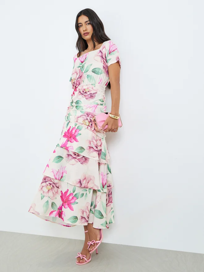 Styli Floral Short Sleeves Tiered Maxi Dress