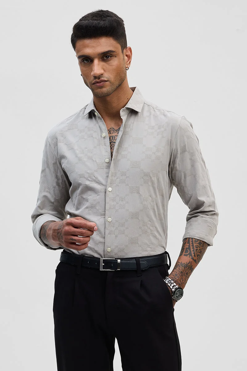 سنيتش Light Grey Geometric Long Sleeve Slim Fit Shirt