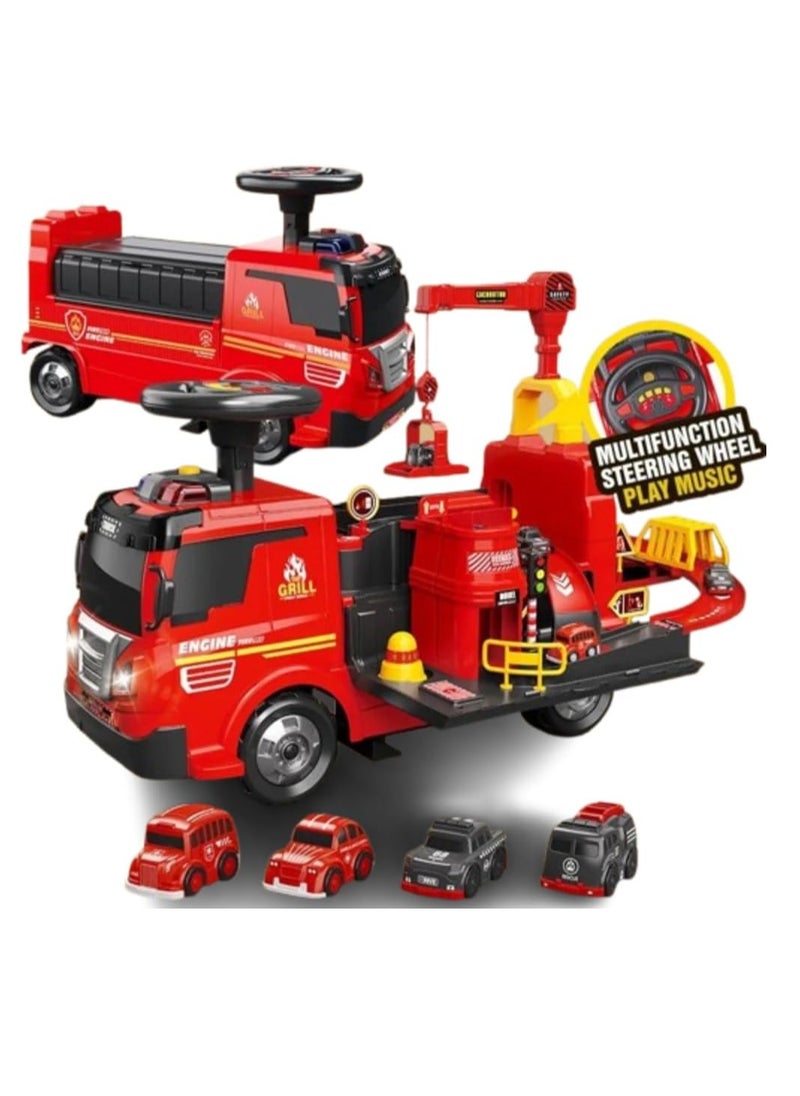UKR UKR 2-in-1 Ride-On Fire Truck Playset – Red | Toddler Push Car with Steering Wheel, Interactive Sounds, Crane & 4 Toy Cars | Fire Engine & Traffic Playset for Kids  - Image 3