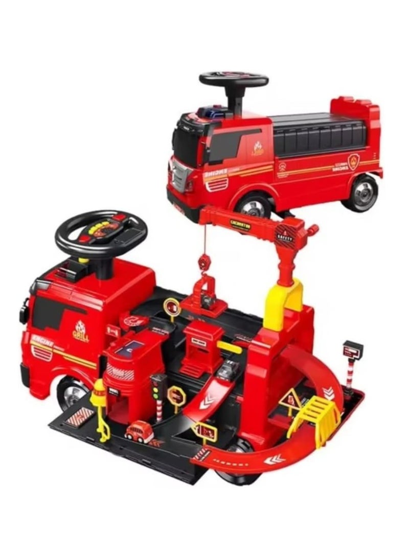 UKR UKR 2-in-1 Ride-On Fire Truck Playset – Red | Toddler Push Car with Steering Wheel, Interactive Sounds, Crane & 4 Toy Cars | Fire Engine & Traffic Playset for Kids  - Image 4
