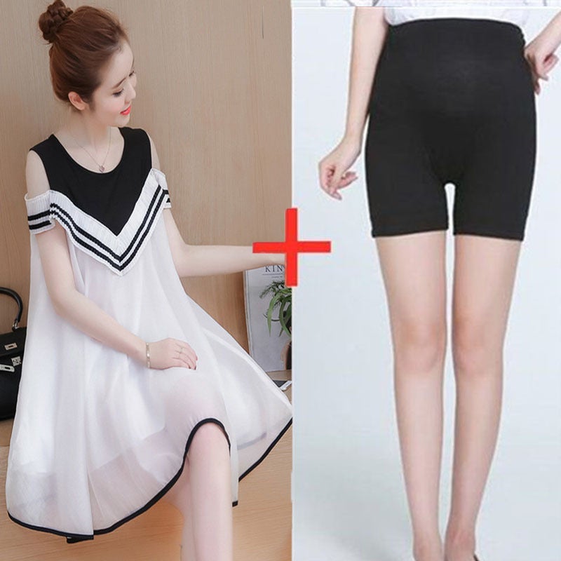 Summer Maternity Off-Shoulder A-Line DressWhite 600 skirt + safety black pants White 600 skirt + safety black pants