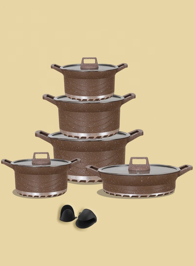 X spring 12-Piece Cookware Set - Aluminum Pots - Non-Stick Surface - Tempered Glass Lid - PFOA-Free - Saucepan with Lid, Stockpot with Lid, Kitchen Utensils (Brown) - Image 1