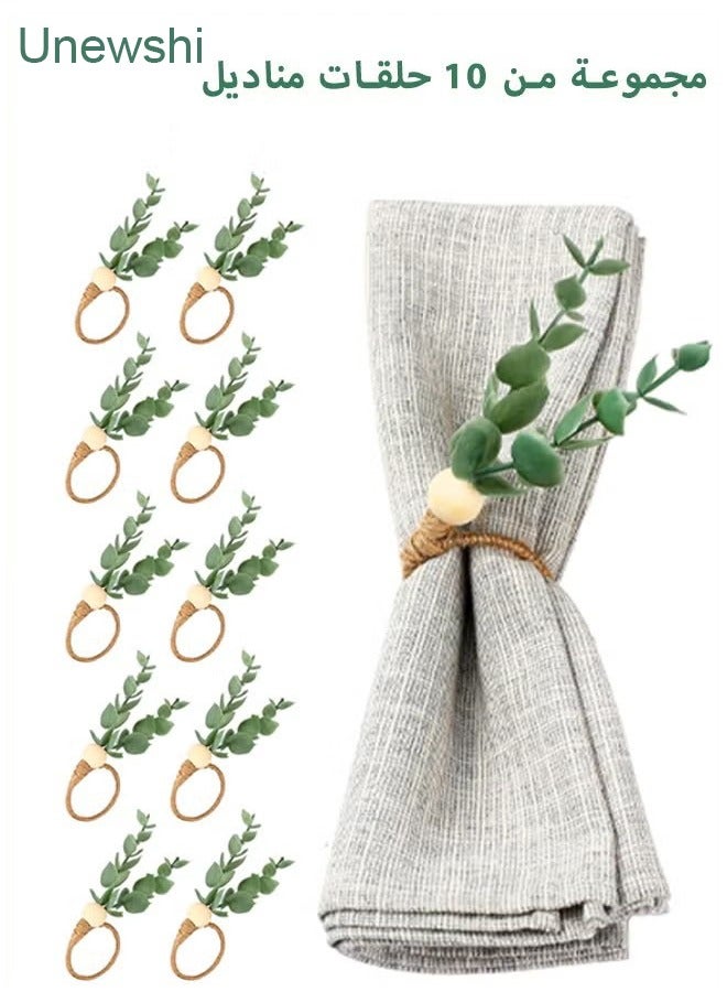 Unewshi 10 Pack Napkin Rings, Eucalyptus Napkin Rings Wooden Napkin Rings Green Leaf Napkin Rings for Wedding Table Decor Birthday Party Decorations - Image 1