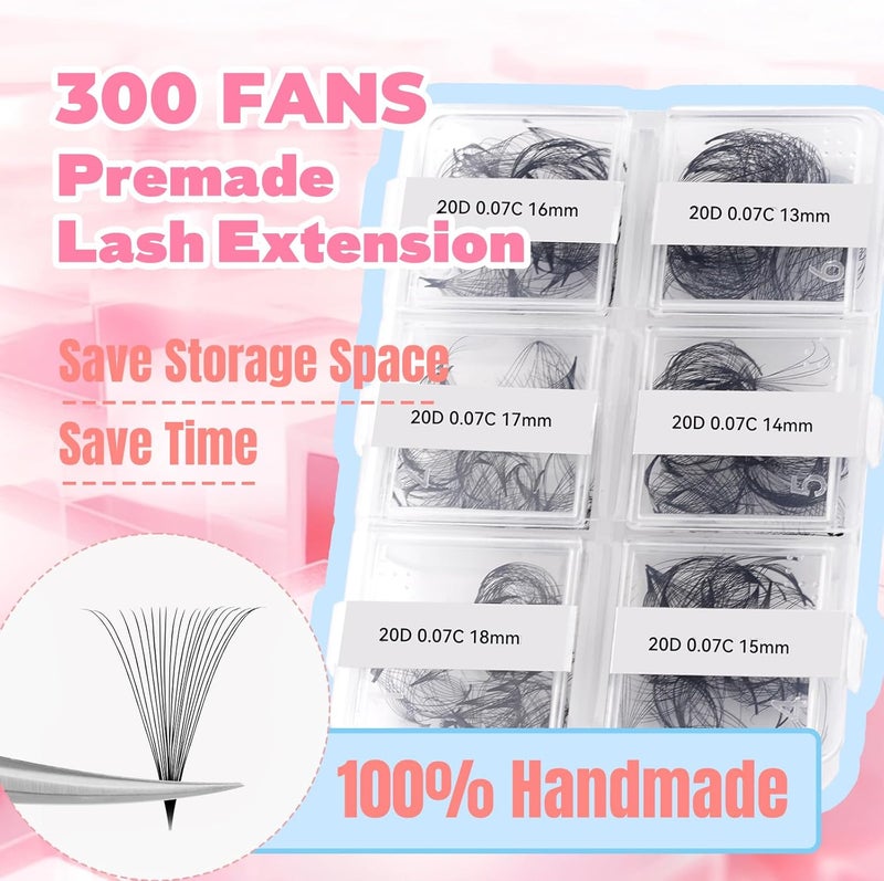 FADLASH Premade Fans Eyelash Extensions 300pcs 20D Premade Lash Fans C Curl Pre Made Fans Lash Extensions Volume Eyelash Extensions Premade Eyelash Fans Loose Fans (20D-0.07C-13-18mm) - Image 2