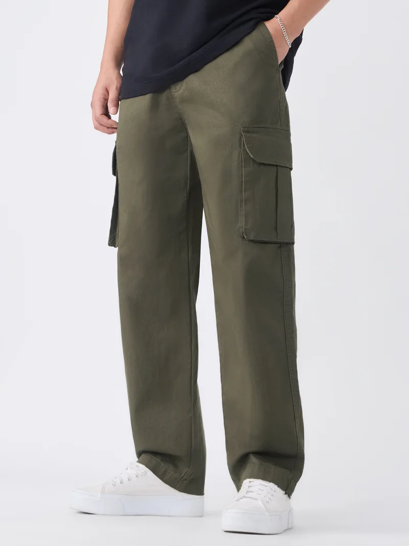 The Souled Store Utility Line: Modern Flex Men and Boys Elastic Waistband Solid Cotton Blend Straight Fit Lightweight Stretchable Multi-Pocket Cargo Pants