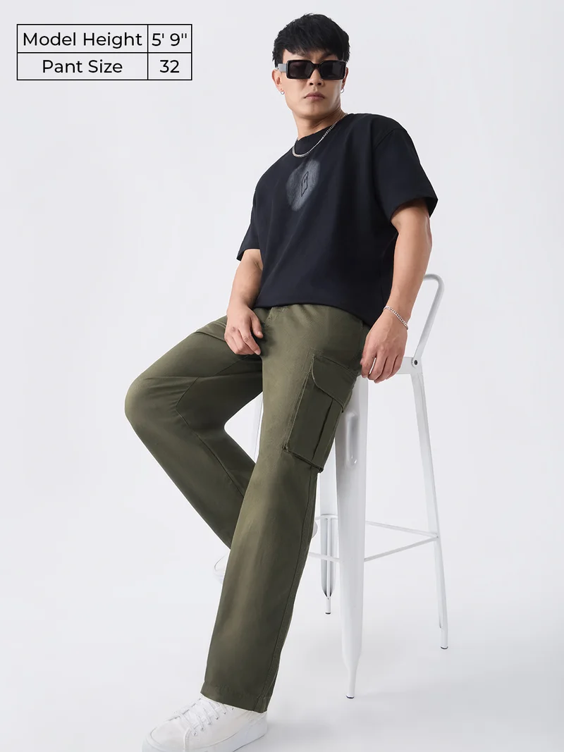 The Souled Store Utility Line: Modern Flex Men and Boys Elastic Waistband Solid Cotton Blend Straight Fit Lightweight Stretchable Multi-Pocket Cargo Pants