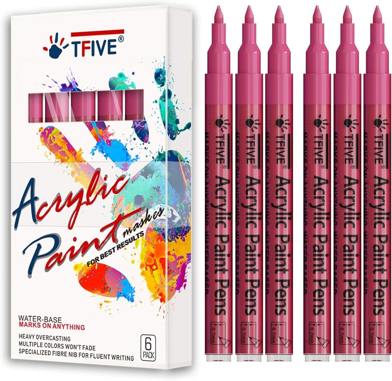 TFIVE Pink Marker Paint Pens - 6 Pack Acrylic Pink Permanent Marker, 0.7mm Extra Fine Tip Paint Pen for Art Projects, Drawing, Rock Painting, Stone, Ceramic, Glass, Wood, Plastic, Metal, Canvas DIY Crafts - Image 1
