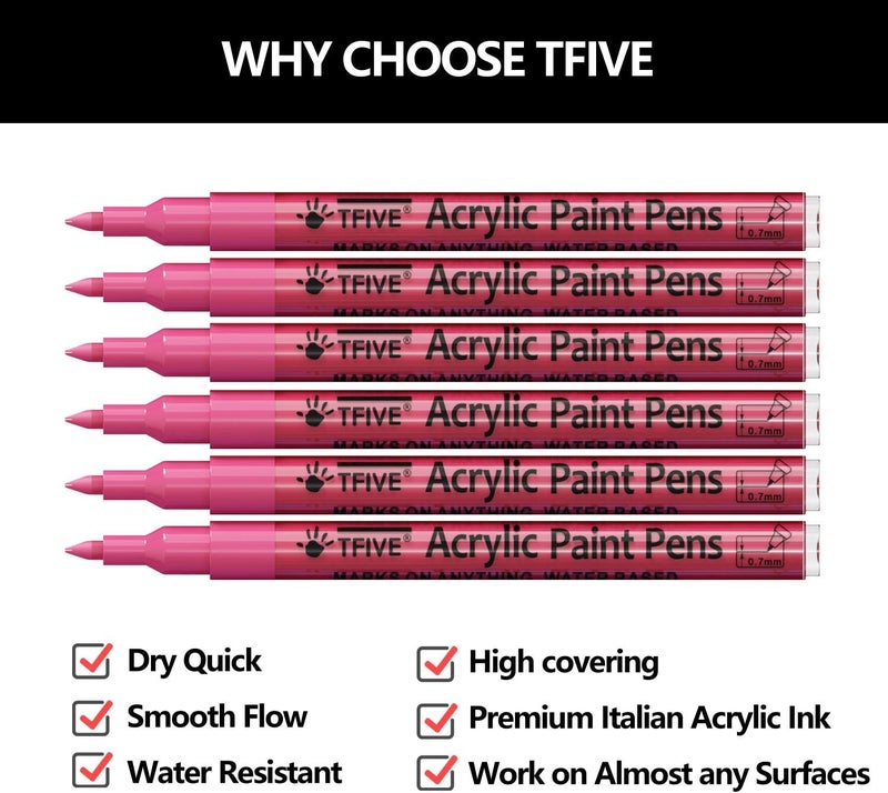 TFIVE Pink Marker Paint Pens - 6 Pack Acrylic Pink Permanent Marker, 0.7mm Extra Fine Tip Paint Pen for Art Projects, Drawing, Rock Painting, Stone, Ceramic, Glass, Wood, Plastic, Metal, Canvas DIY Crafts - Image 2